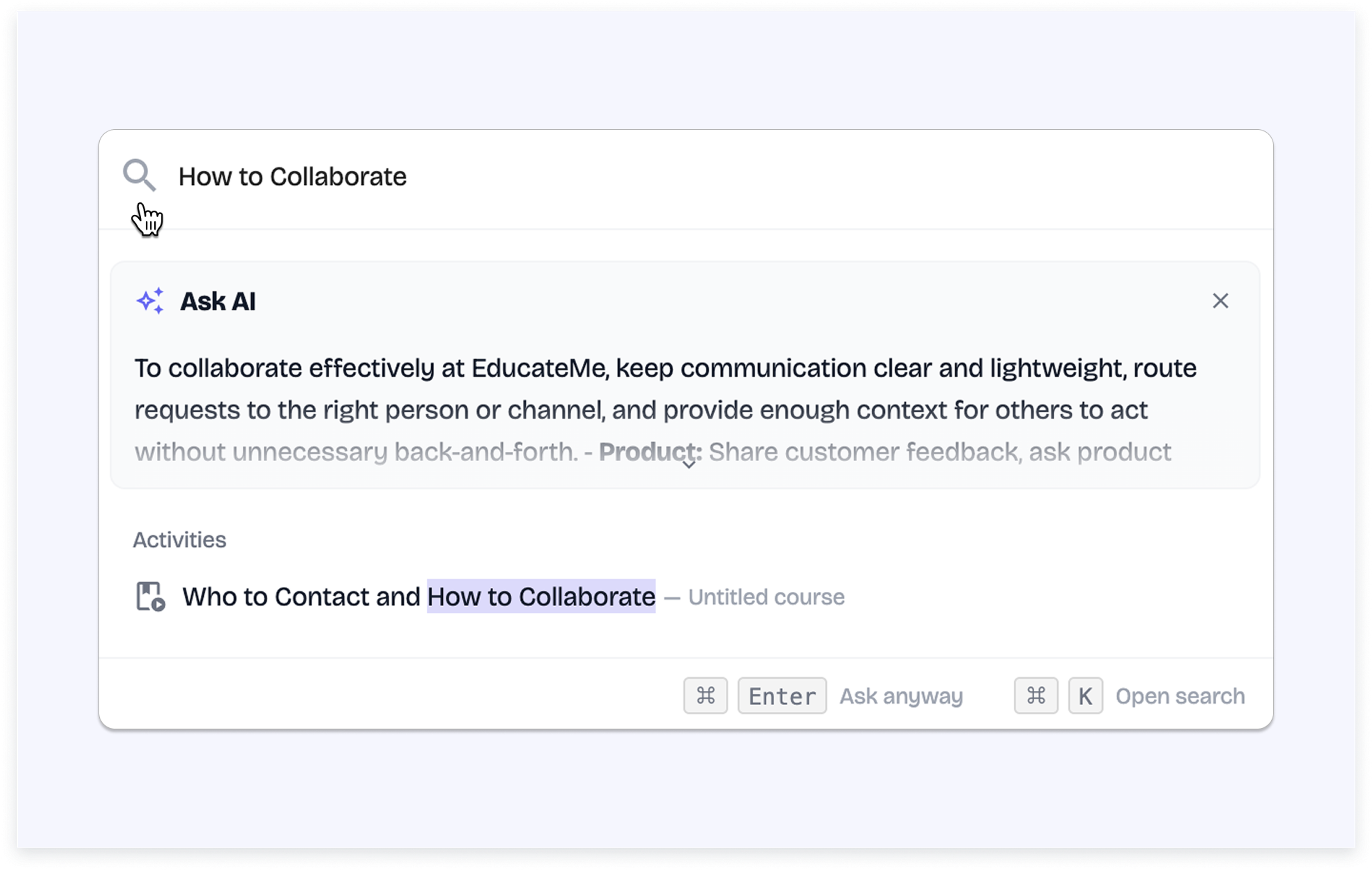 Ask AI answer card shown collapsed and expanded