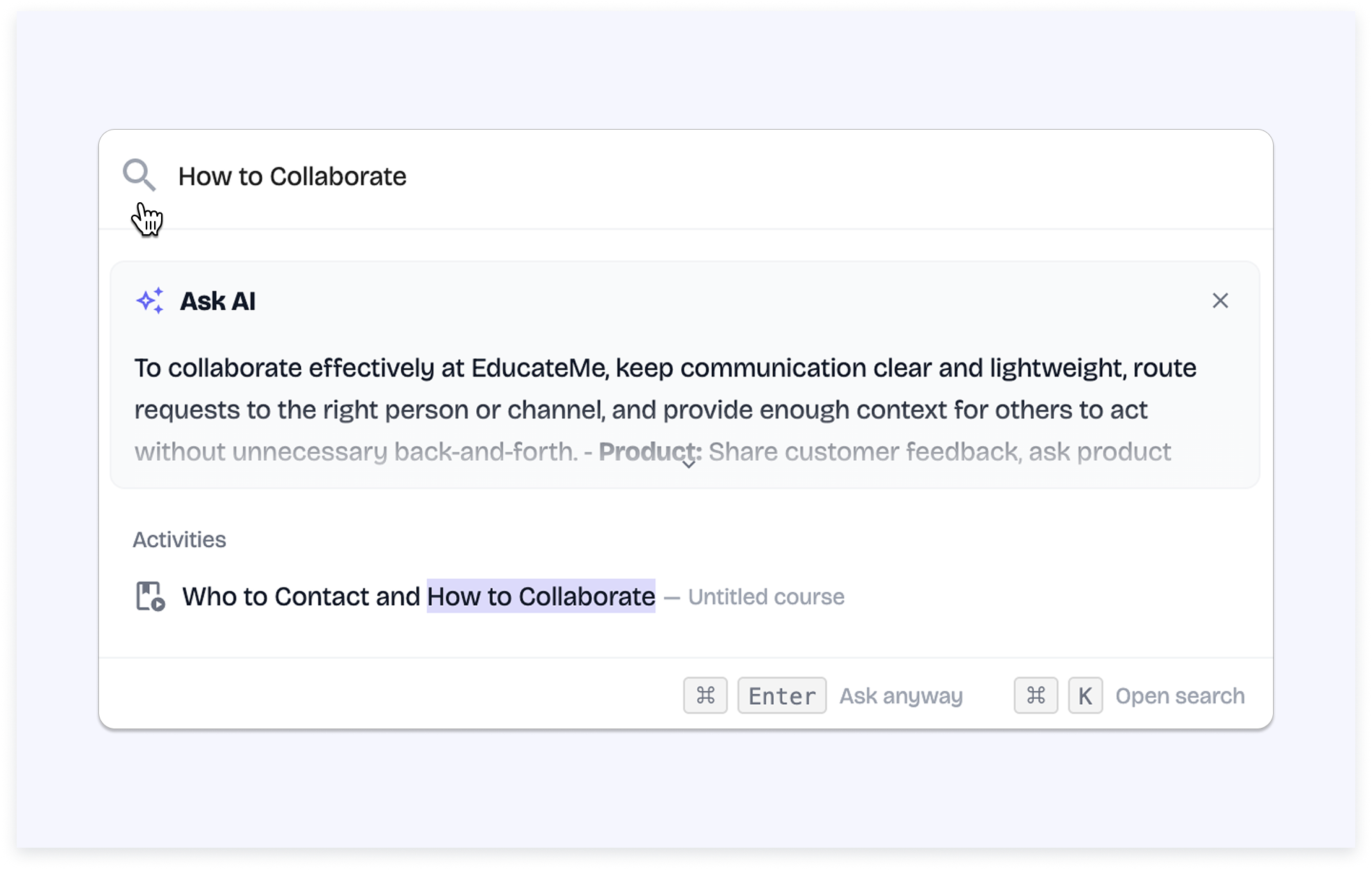 Ask AI answer card shown collapsed and expanded