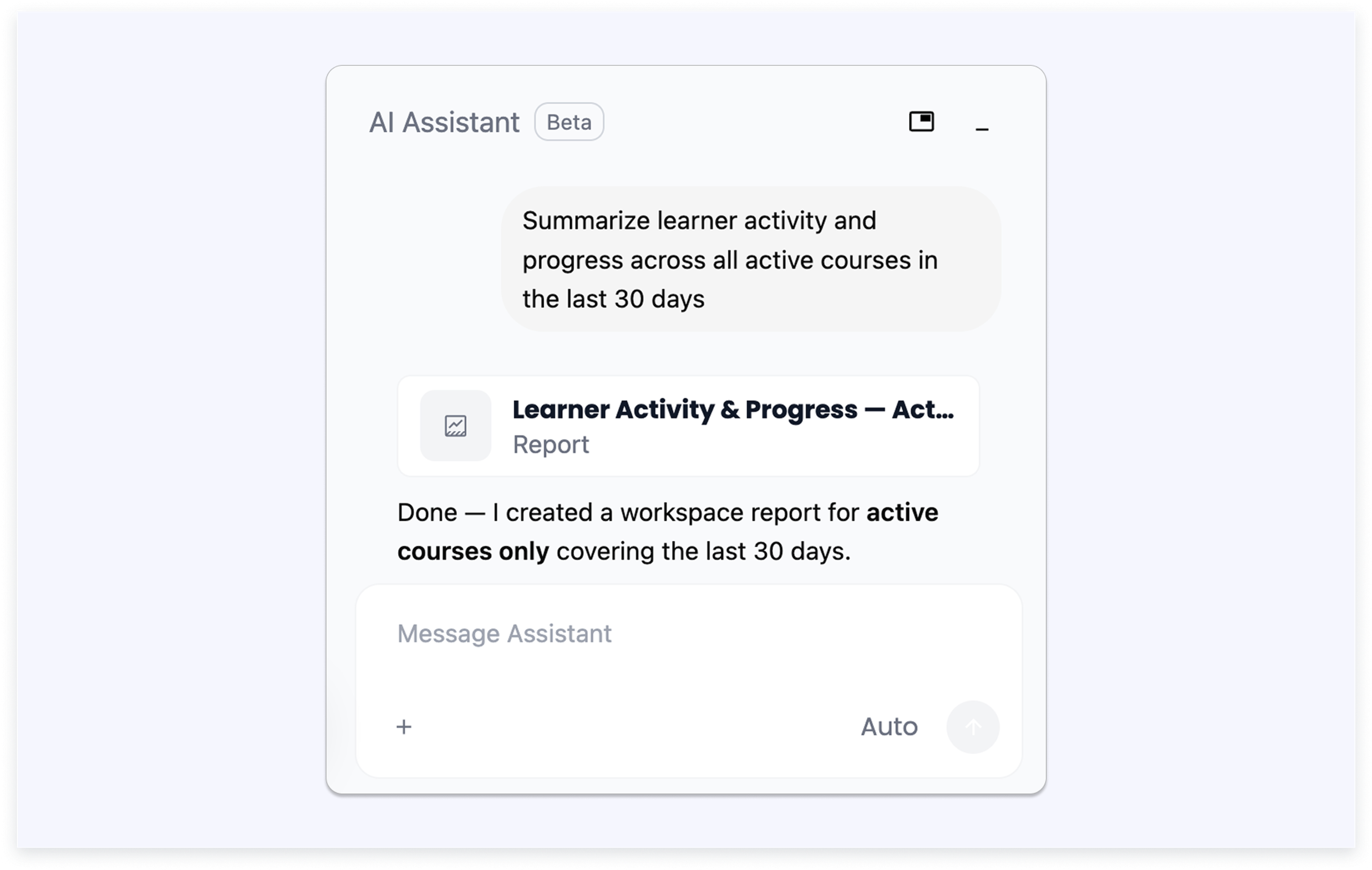 AI Reports example showing a generated report with a summary, numbers, and charts