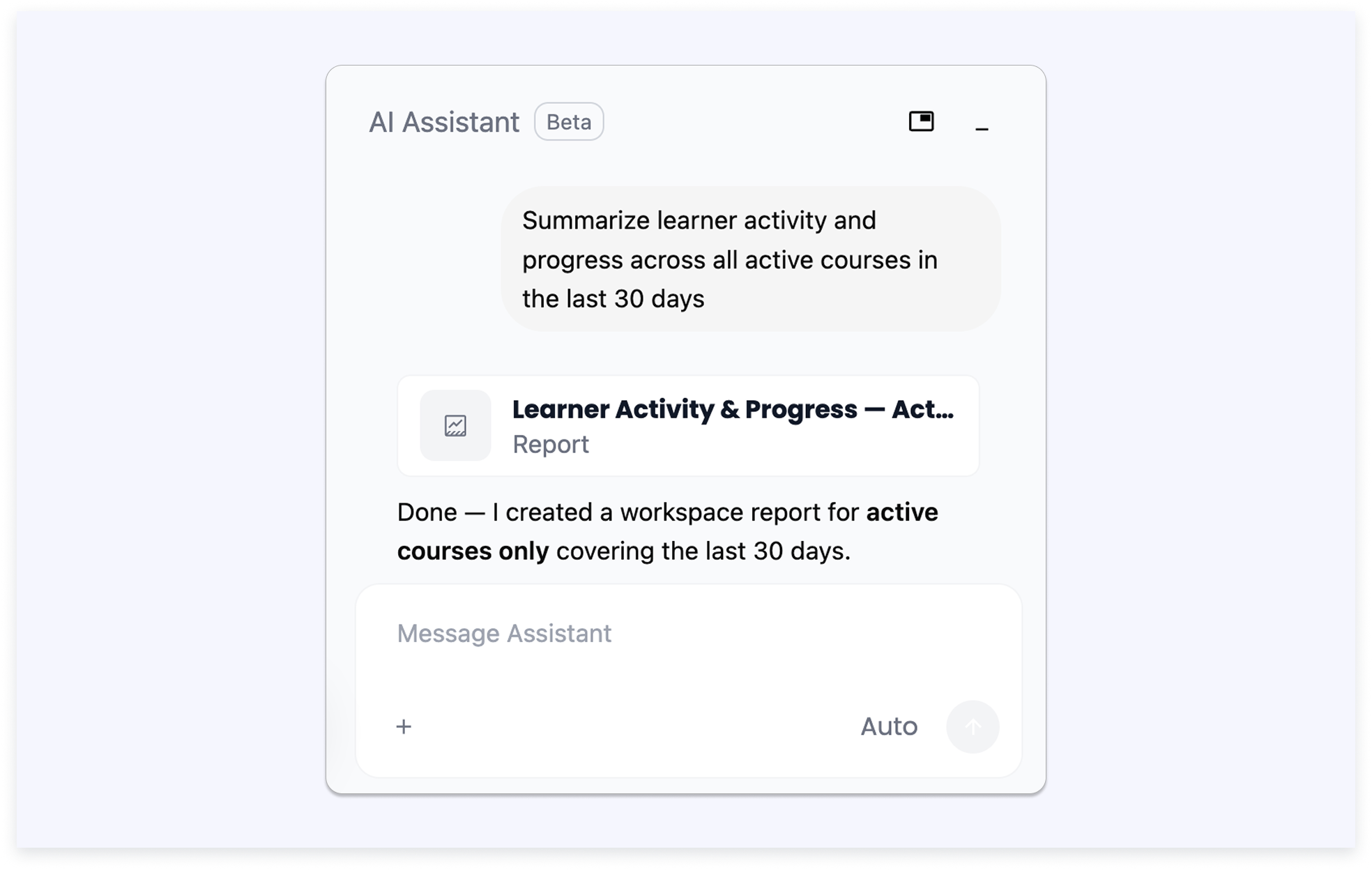 AI Reports example showing a generated report with a summary, numbers, and charts