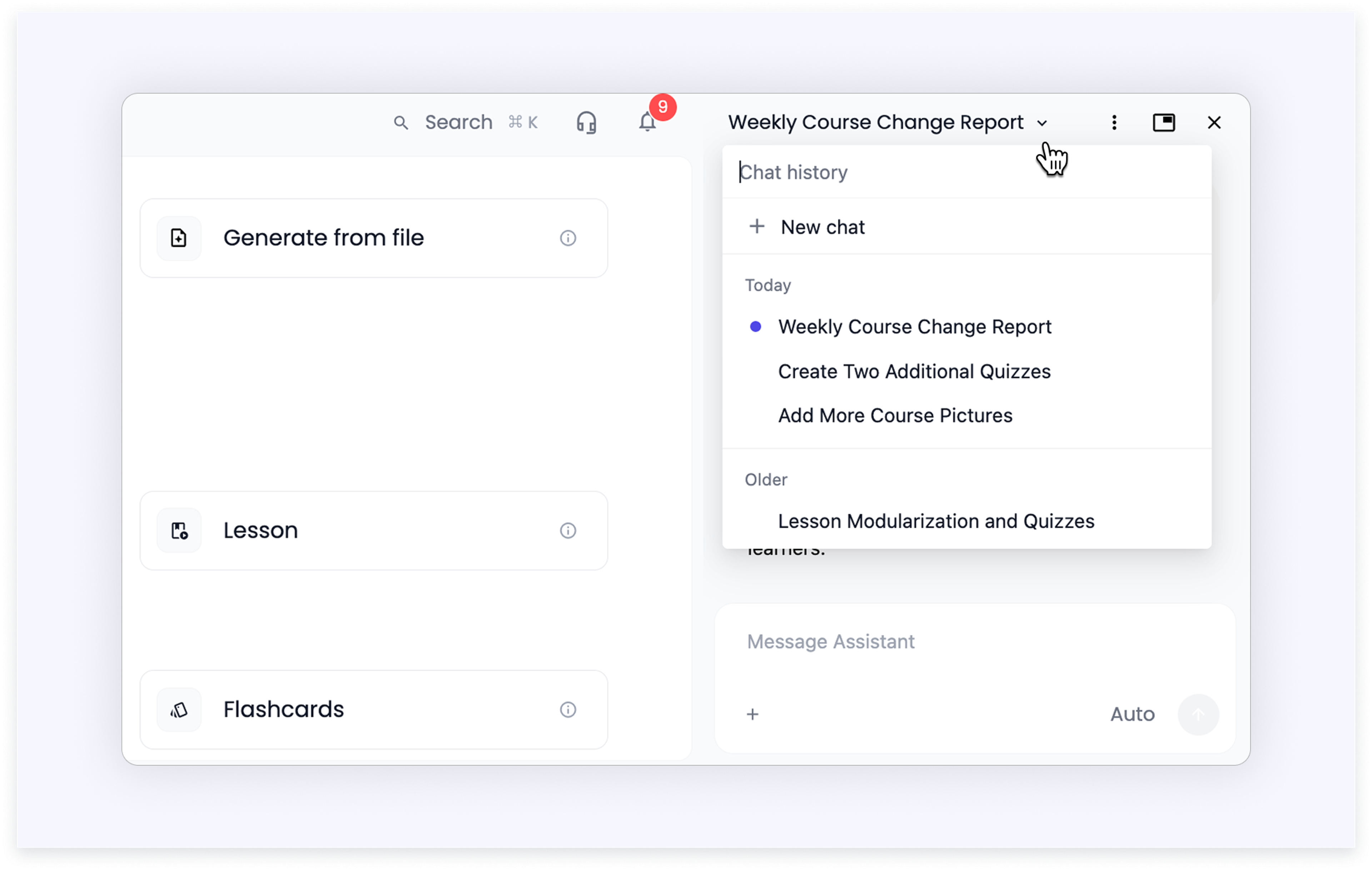 The AI Assistant with the chat history list open