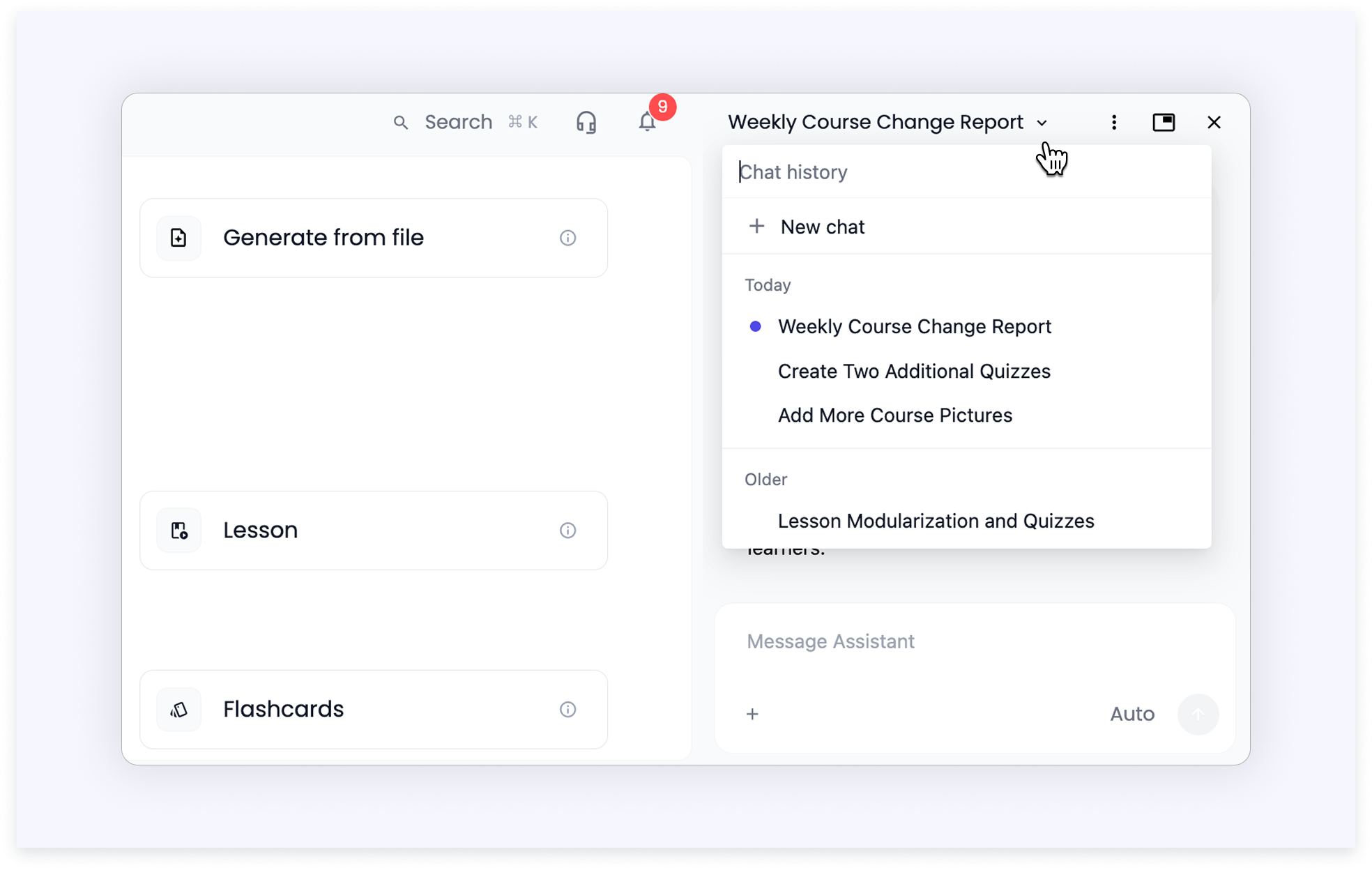 The AI Assistant with the chat history list open