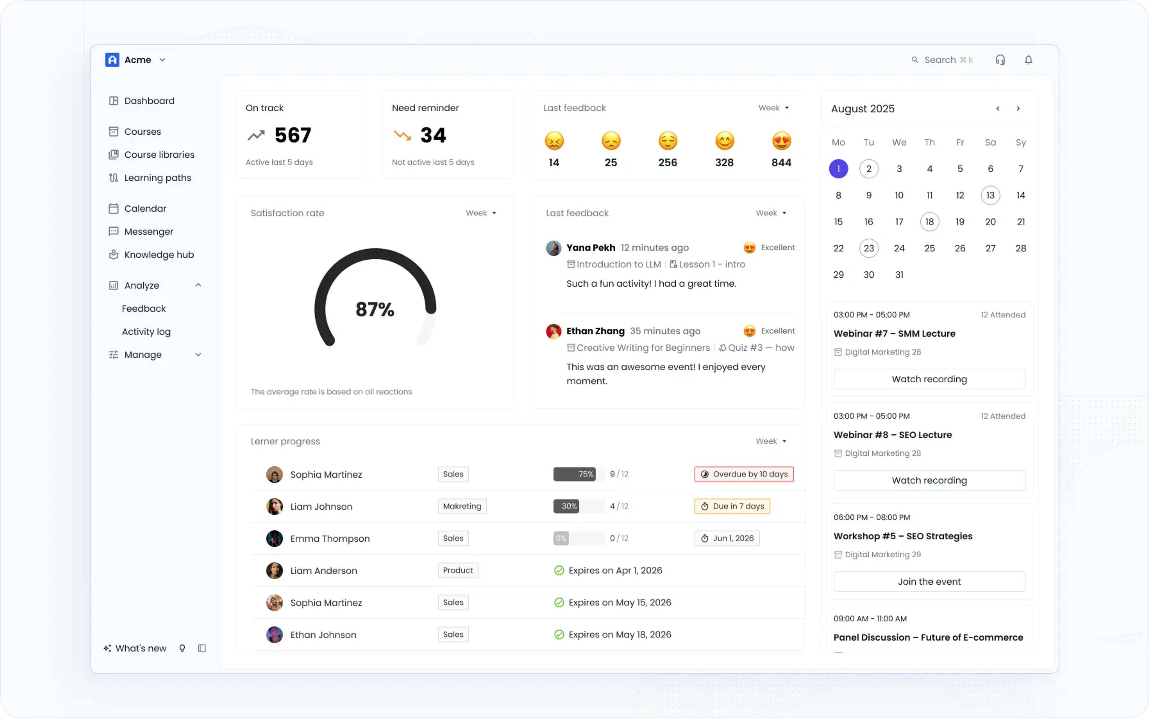 EducateMe LMS main dashboard