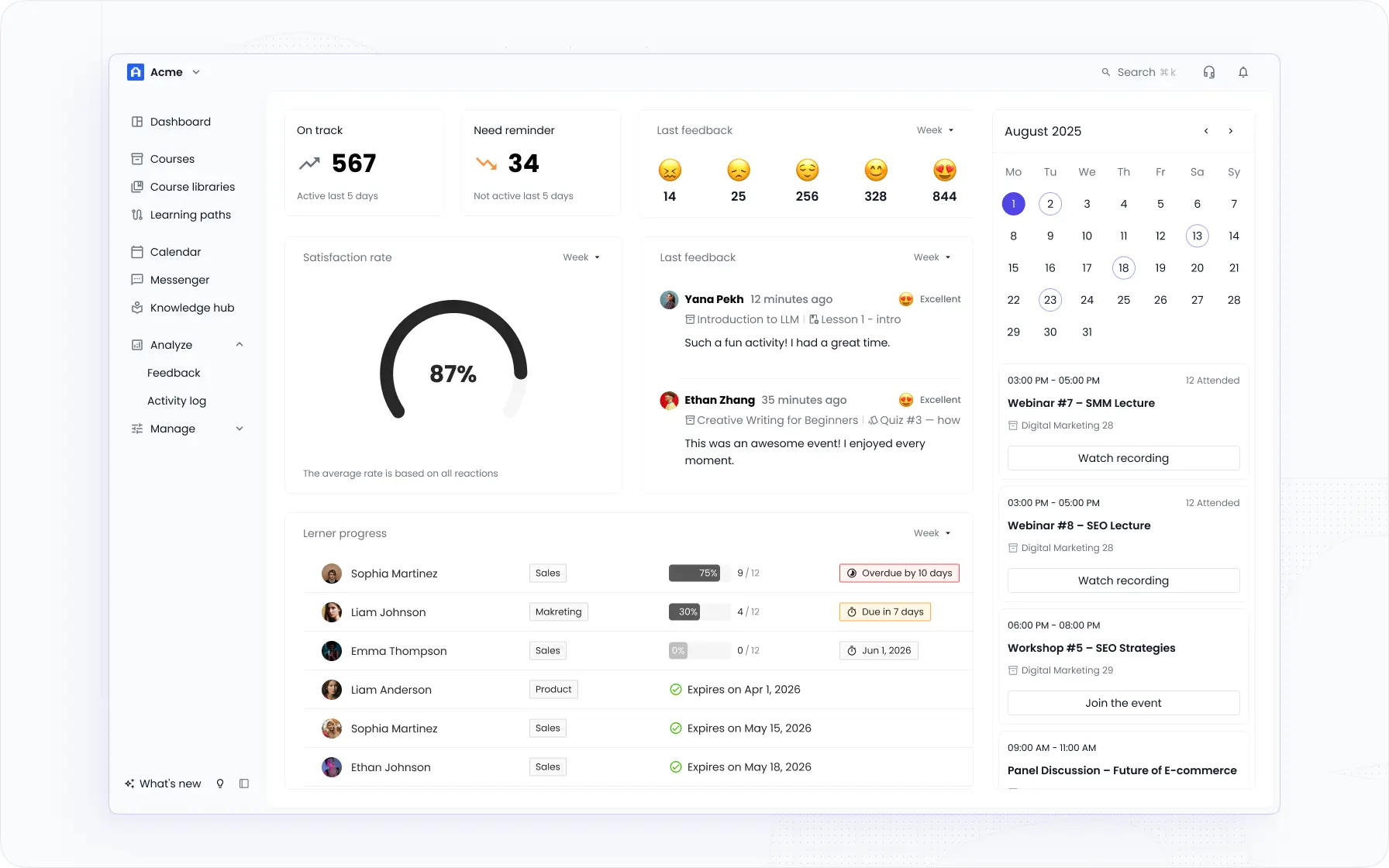 EducateMe LMS main dashboard