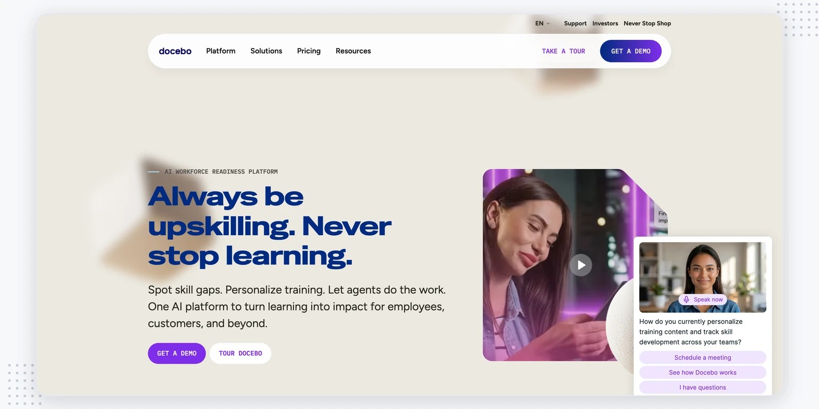 Docebo homepage — enterprise AI learning platform, a Uplimit alternative
