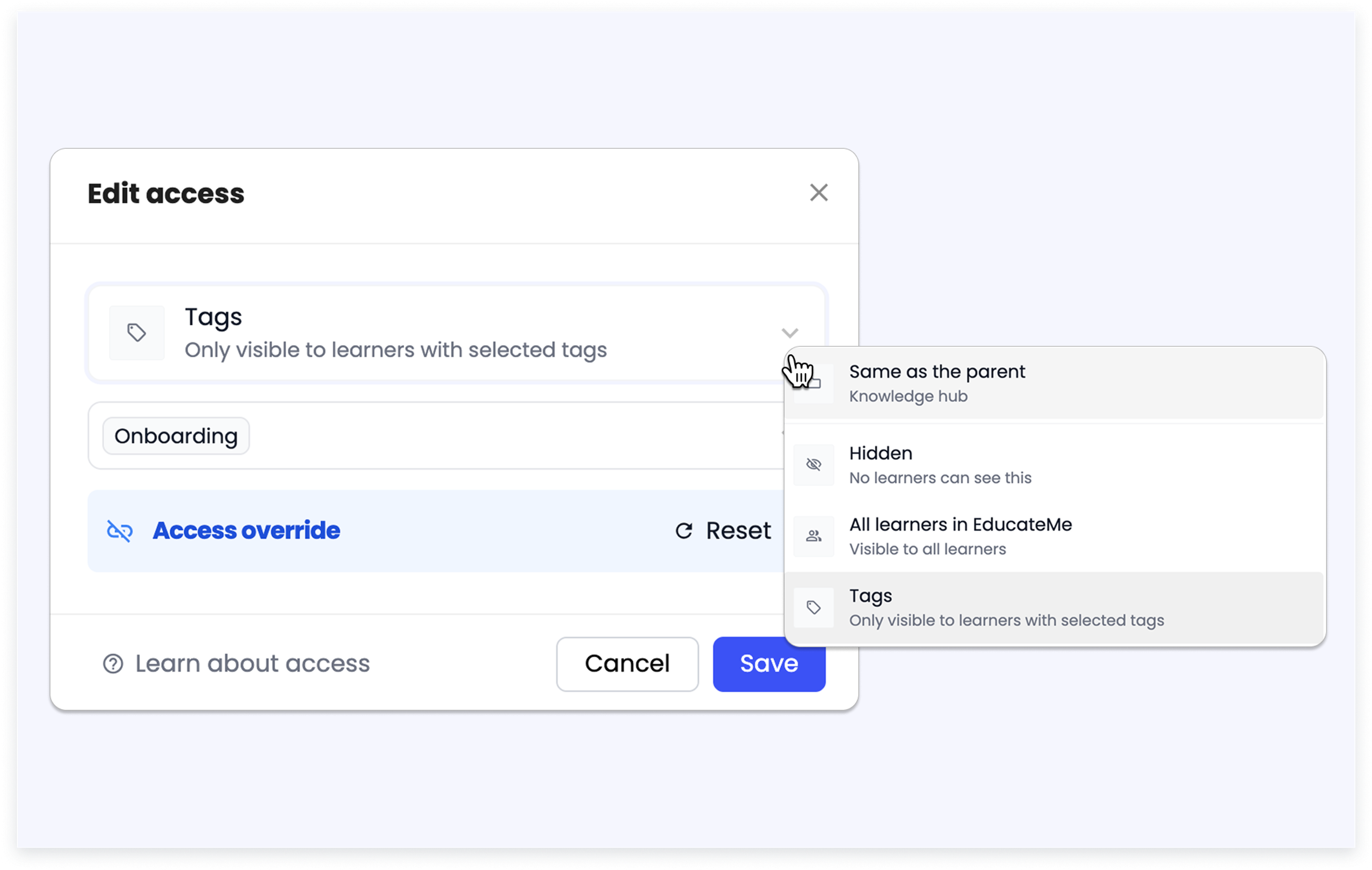 Knowledge Hub folder access modal and drag-and-drop reordering
