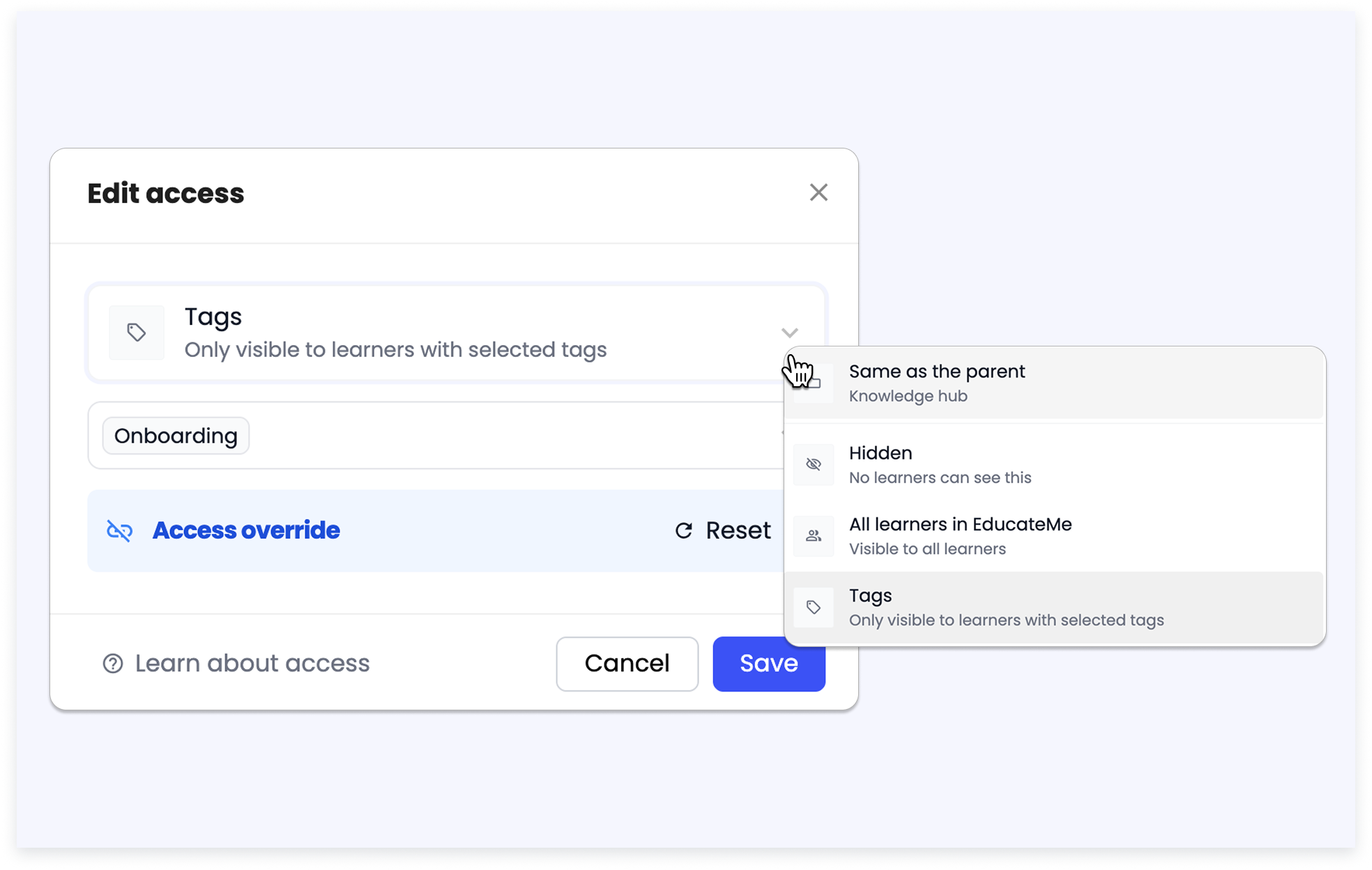 Knowledge Hub folder access modal and drag-and-drop reordering