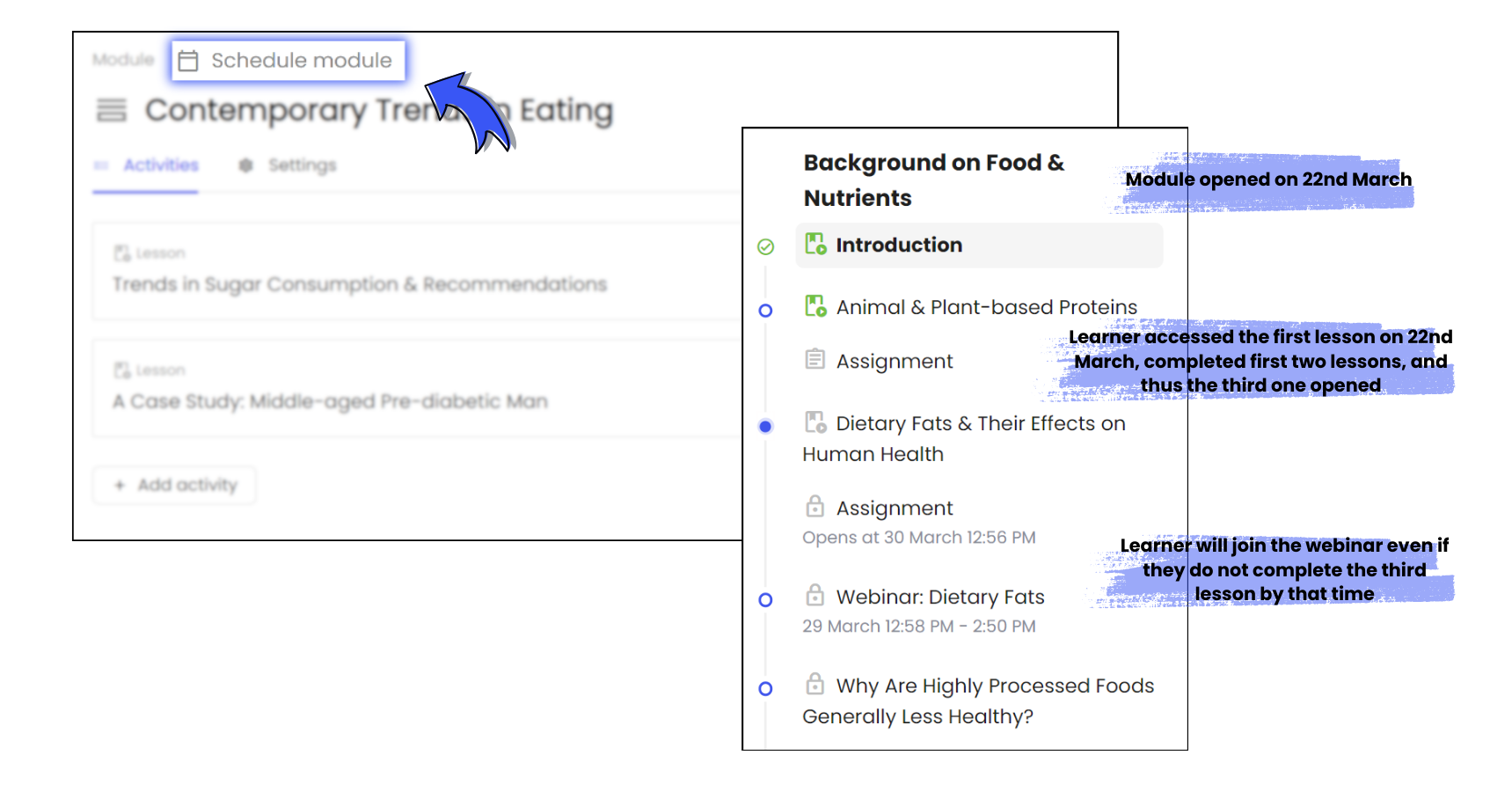 Each module along with its activities can now be scheduled to open on a specific date/time.