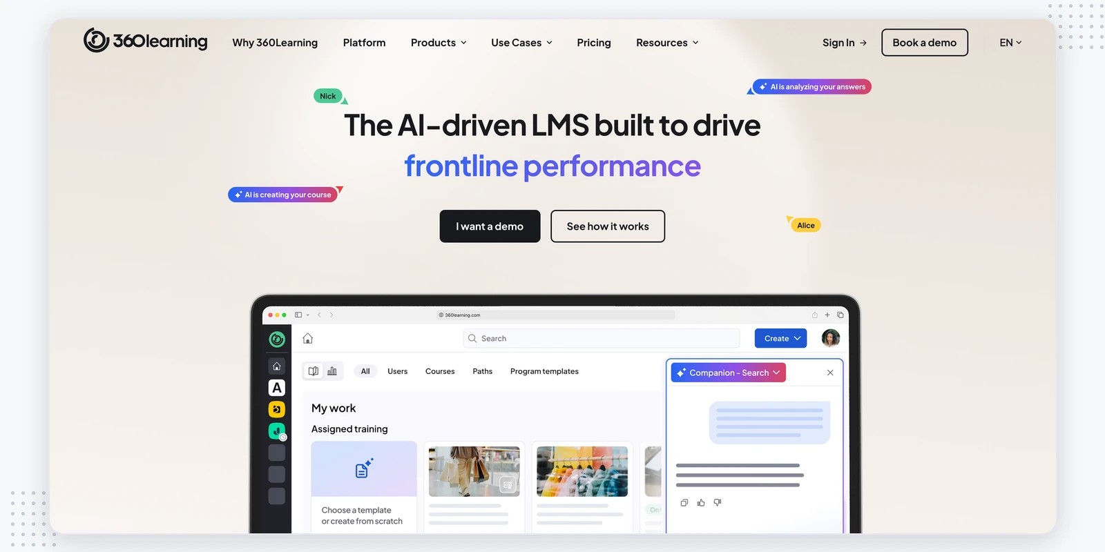 360Learning homepage — AI-driven LMS, a Uplimit alternative for collaborative programs