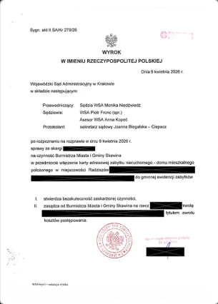 Wyrok WSA w Krakowie, sygn. akt II SA/Kr 279/26, stwierdzający bezskuteczność włączenia budynku w Radziszowie do GEZ