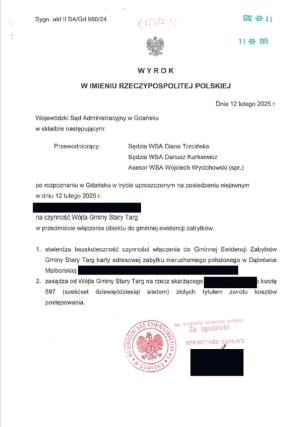 Wyrok WSA w Gdańsku, sygn. akt II SA/Gd 980/24, stwierdzający bezskuteczność włączenia nieruchomości w Dąbrówce Malborskiej do GEZ