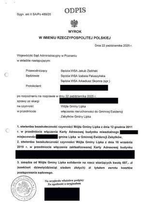 Wyrok WSA w Poznaniu, sygn. akt II SA/Po 489/25, stwierdzający bezskuteczność włączenia budynku do GEZ Gminy Lipka