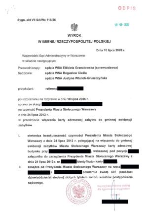 Wyrok WSA w Warszawie, sygn. akt VII SA/Wa 118/26, stwierdzający bezskuteczność włączenia budynku do GEZ m.st. Warszawy