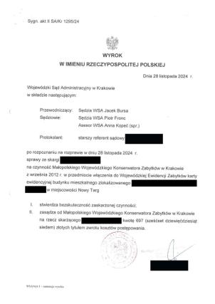 Wyrok WSA w Krakowie, sygn. akt II SA/Kr 1295/24, stwierdzający bezskuteczność włączenia budynku w Nowym Targu do WEZ