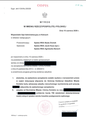 Wyrok WSA w Kielcach, sygn. akt II SA/Ke 200/26, stwierdzający wydanie z naruszeniem prawa zarządzenia o ujęciu nieruchomości w GEZ Końskich