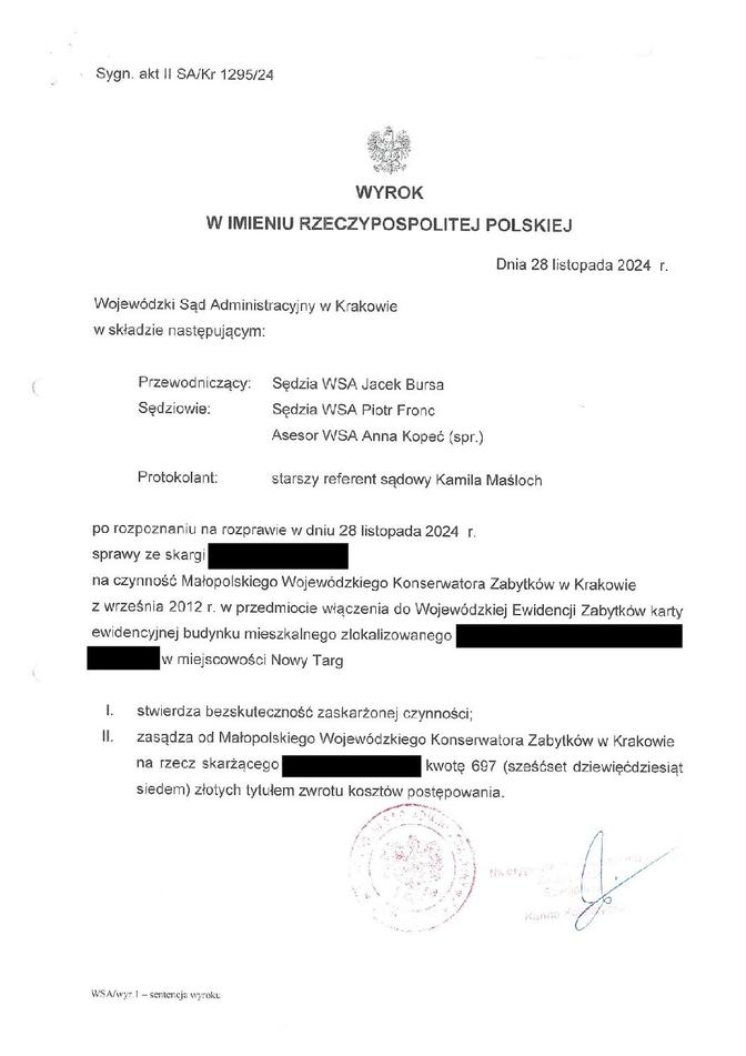 Wyrok WSA w Krakowie Gminna Ewidencja Zabytków