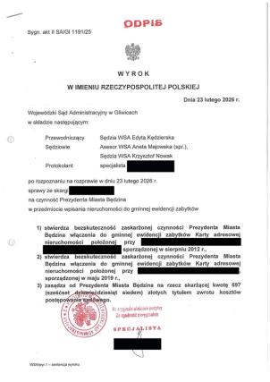 Wyrok WSA w Gliwicach, sygn. akt II SA/Gl 1191/25, stwierdzający bezskuteczność dwóch czynności włączenia nieruchomości do GEZ Będzina