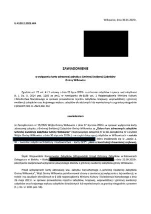 Zarządzenie Wójta Gminy Wilkowice nr 19/2026 wyłączające kartę nieruchomości z GEZ przed rozpoznaniem skargi przez sąd