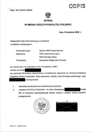 Wyrok WSA w Krakowie, sygn. akt II SA/Kr 208/26, stwierdzający bezskuteczność włączenia nieruchomości w Andrychowie do GEZ