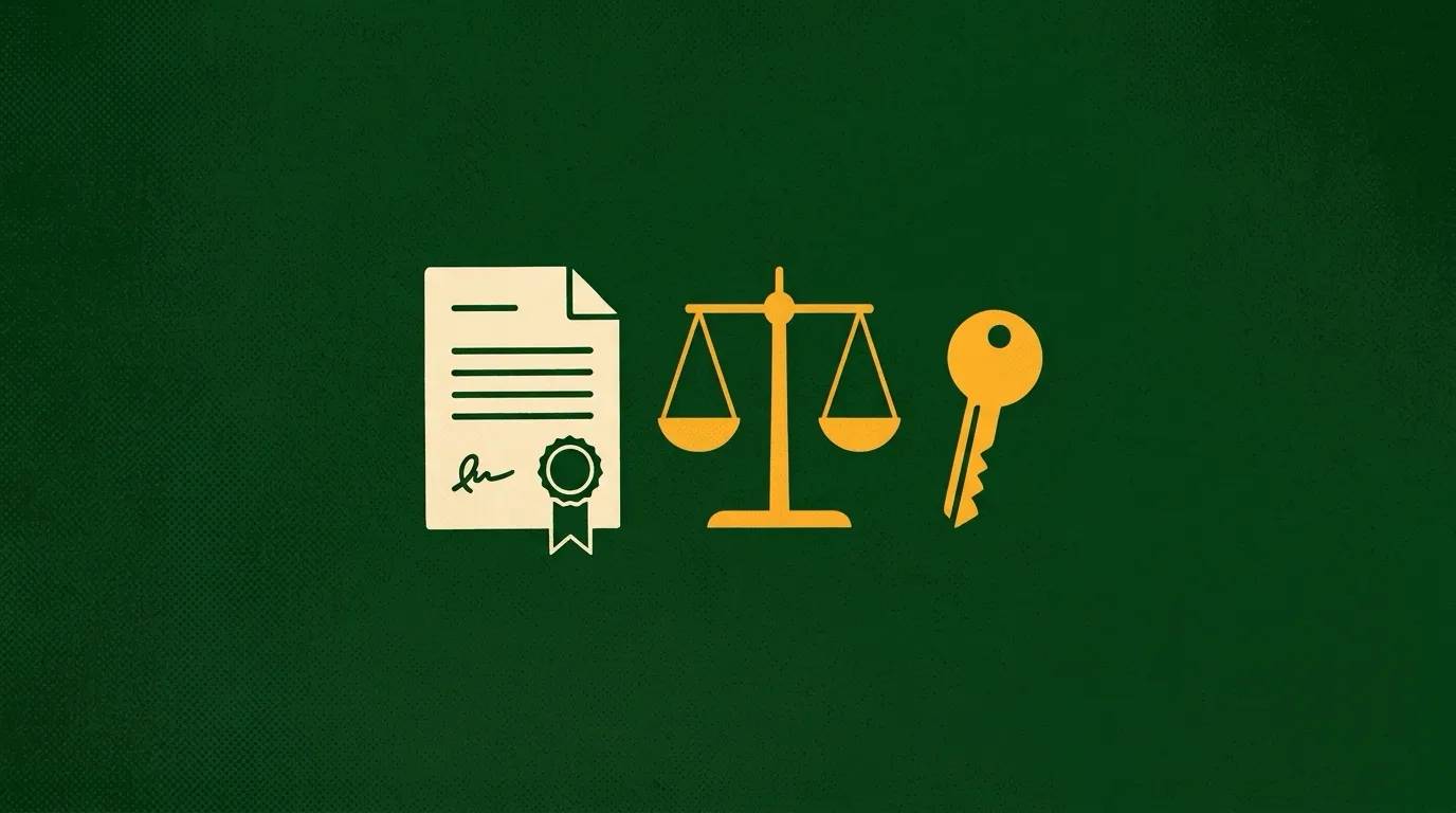 Документ із печаткою, терези правосуддя та ключ.