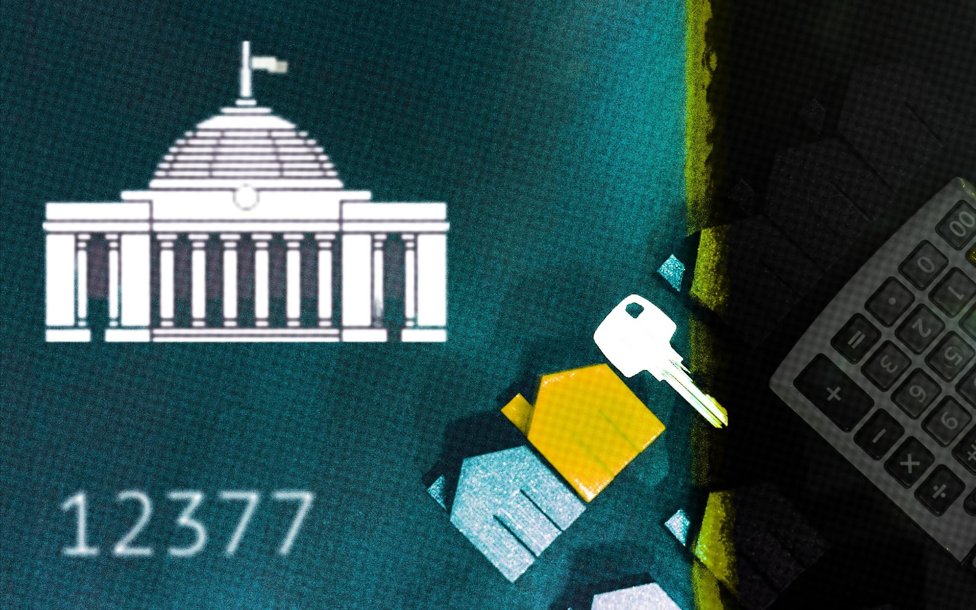 Колаж із будівлею Верховної Ради, номером законопроєкту 12377, ключем від житла та калькулятором.