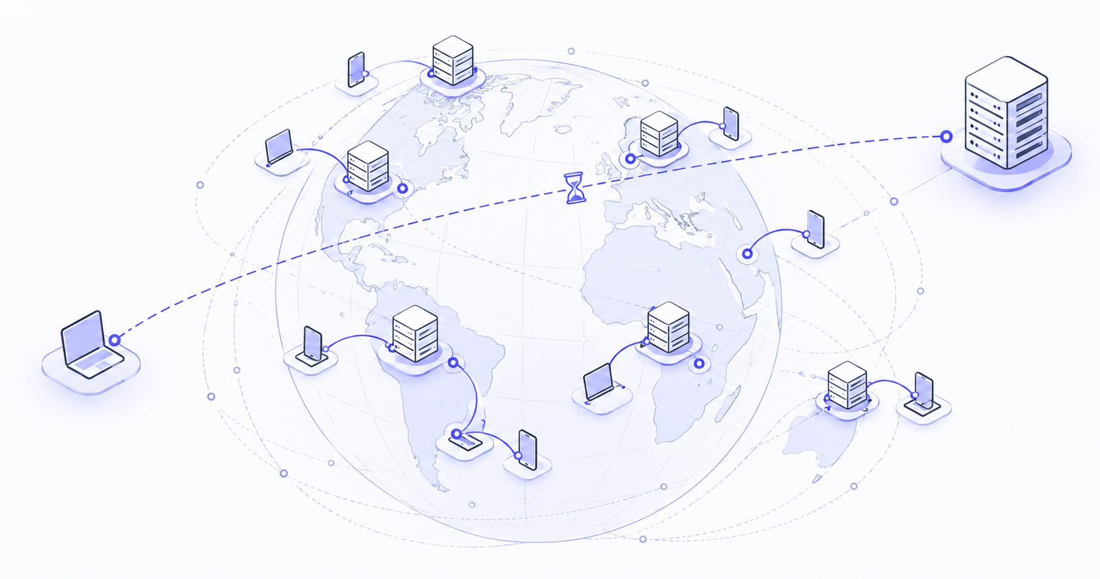 A globe showing nearby CDN edge servers delivering content quickly to users, compared with a slow long-distance connection to a single origin server