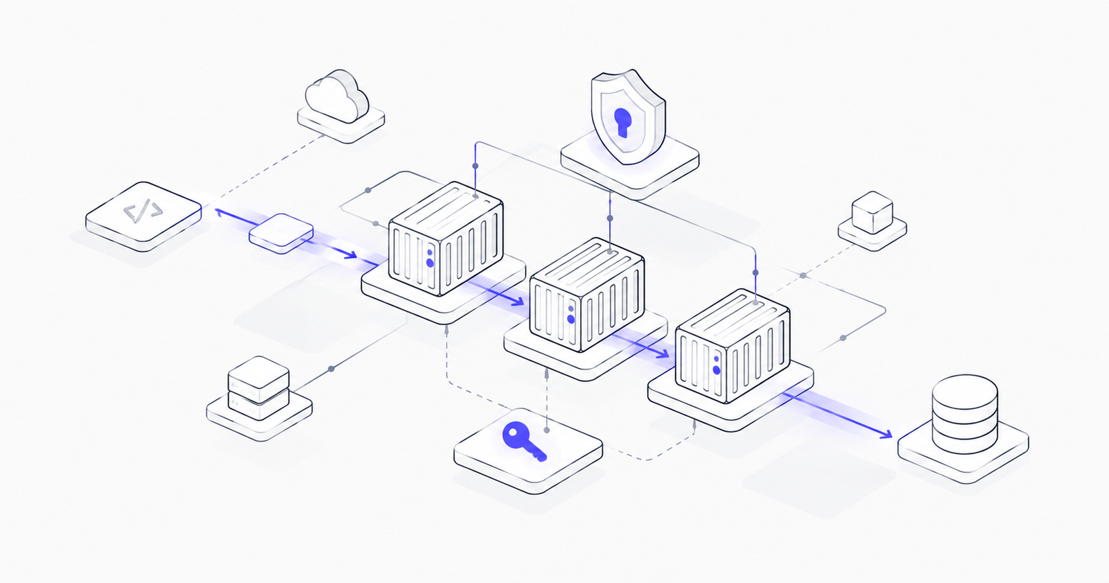 Isometric line drawing of container blocks wired to a shield and a key along an indigo pipeline.