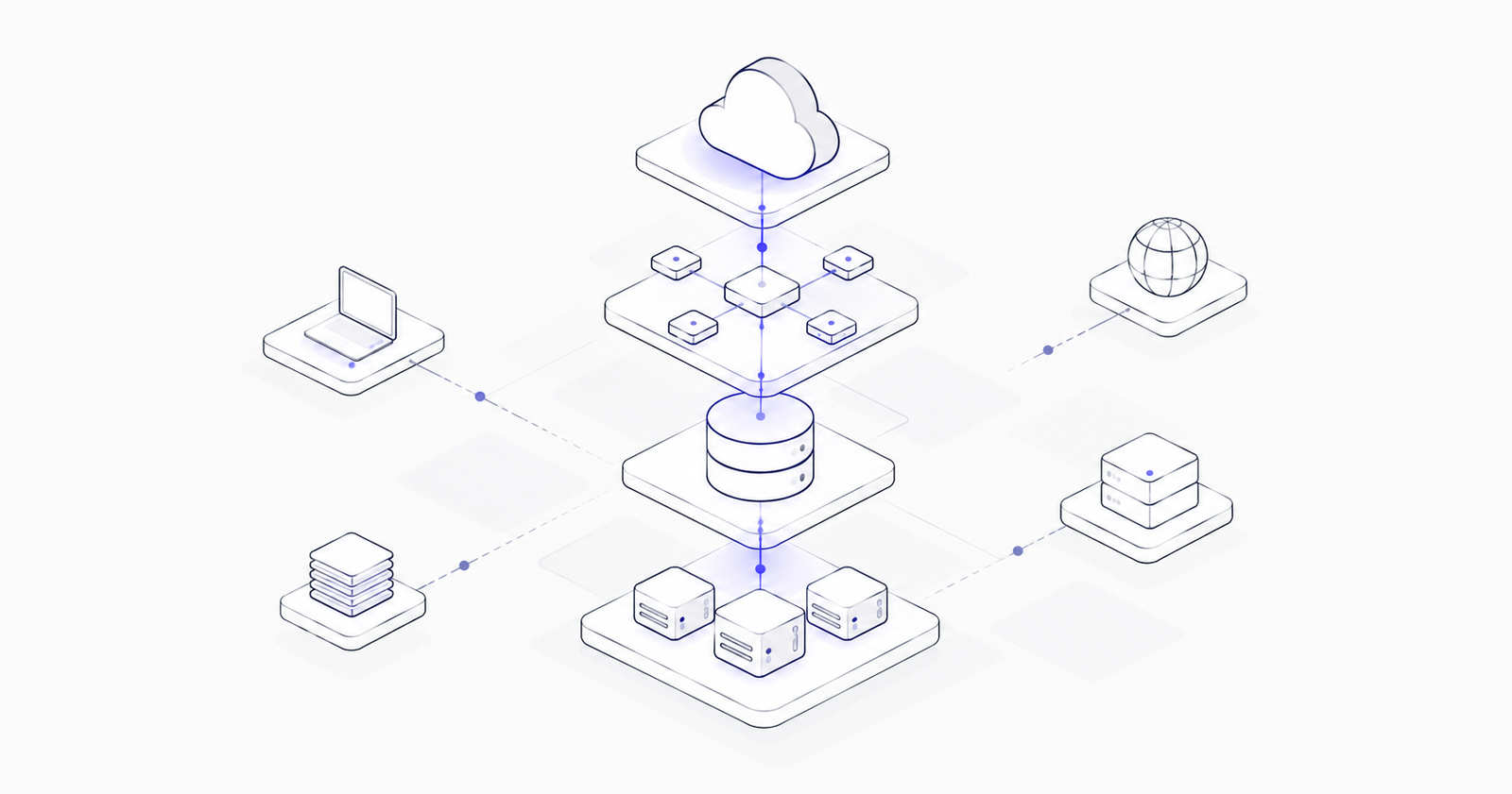 Isometric line drawing of a cloud stack: cloud, nodes, database and compute connected top to bottom.