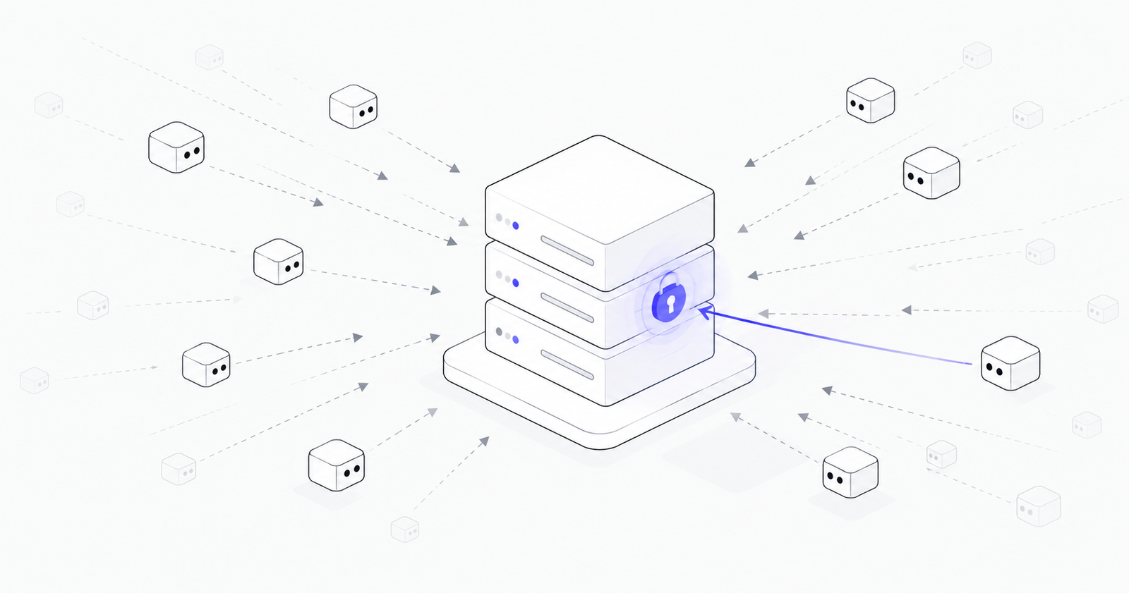 Isometric line drawing of a server swarmed by probe arrows, one reaching an indigo padlock.