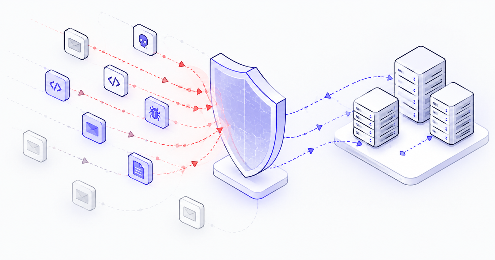 A WAF shield blocking malicious web requests while allowing legitimate traffic through to a secured server