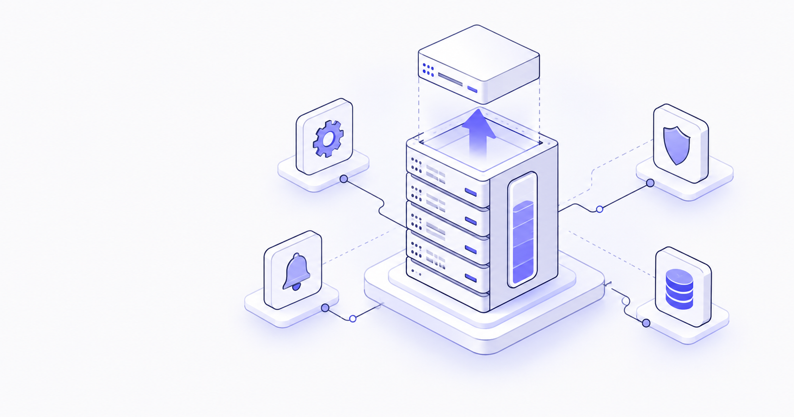 Illustration of a cloud server whose storage bar grows automatically as it approaches 70% full