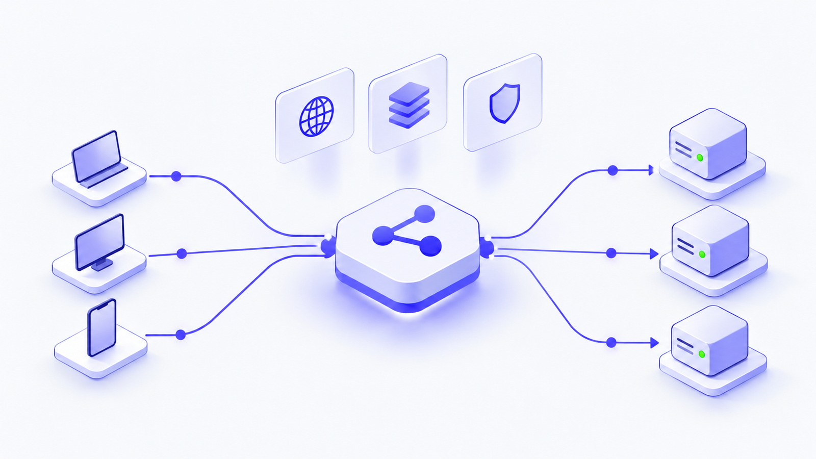 Isometric illustration of a load balancer distributing incoming traffic evenly to three servers, with icons for global, layered and secure load balancing