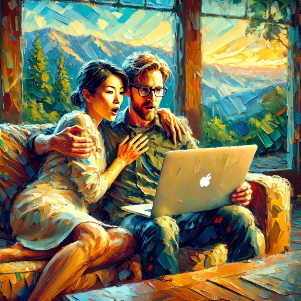 An impressionistic painting of a couple trying out Talkwell on their laptop and looking surprised at the results