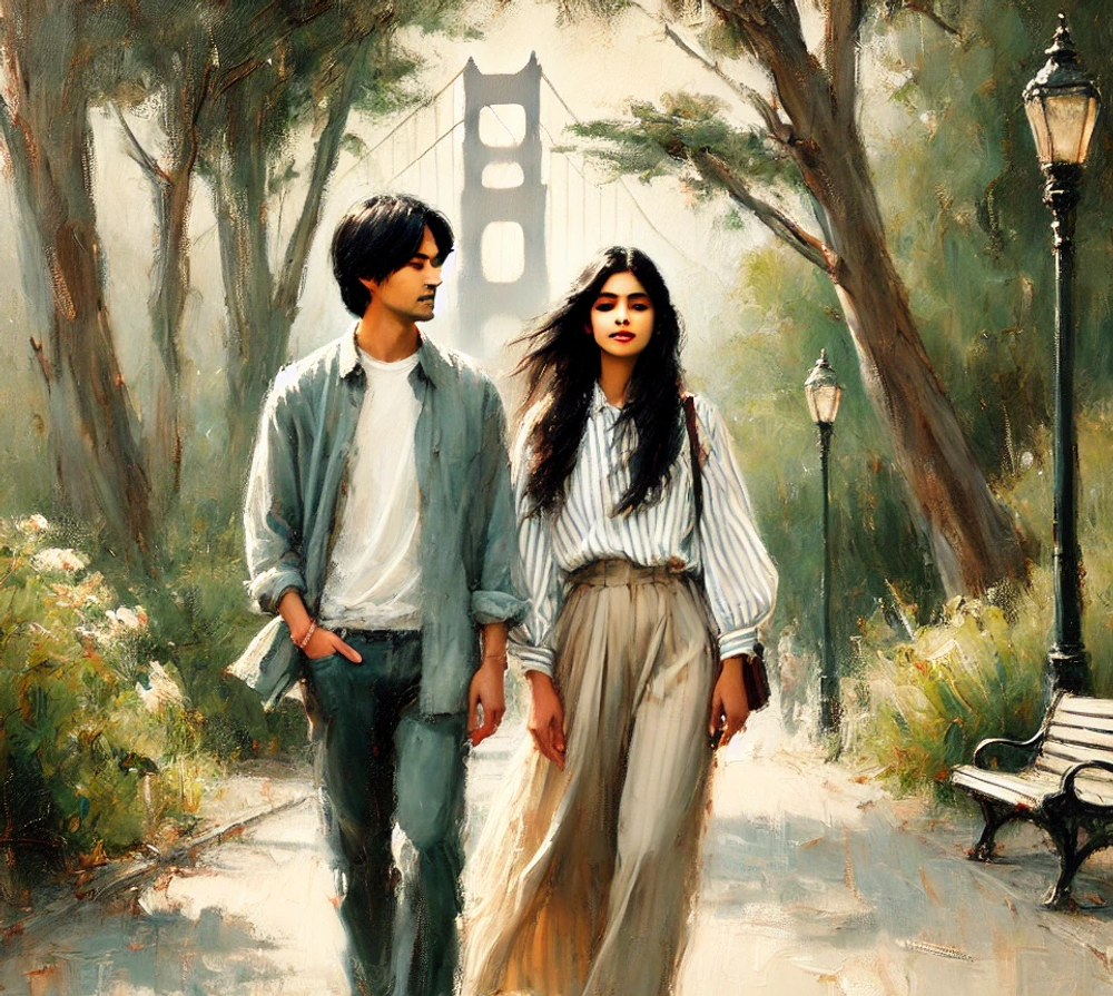 An impressionistic painting of a couple walking together in Golden Gate park.