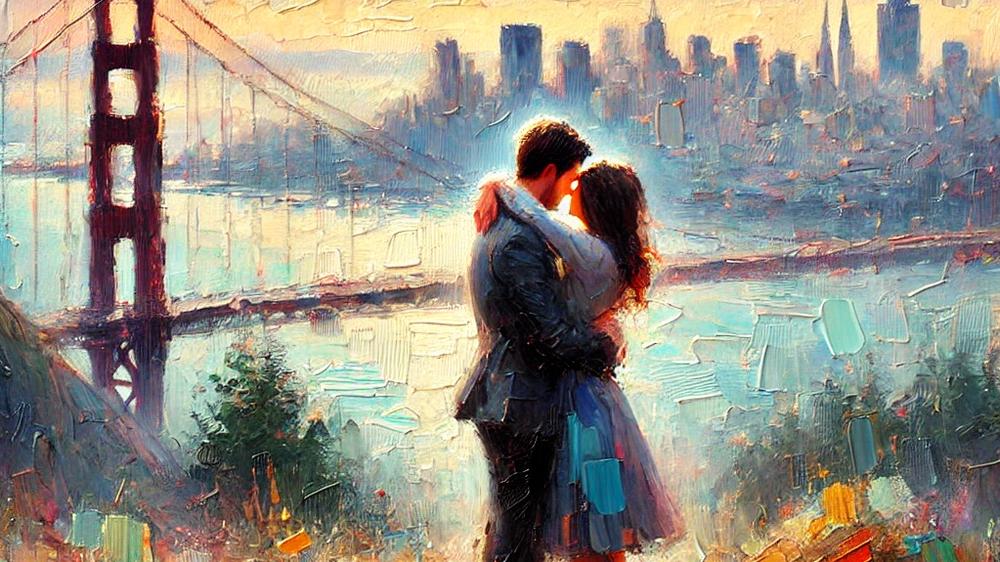 An impressionistic painting of a couple hugging with San Francisco as a backdrop