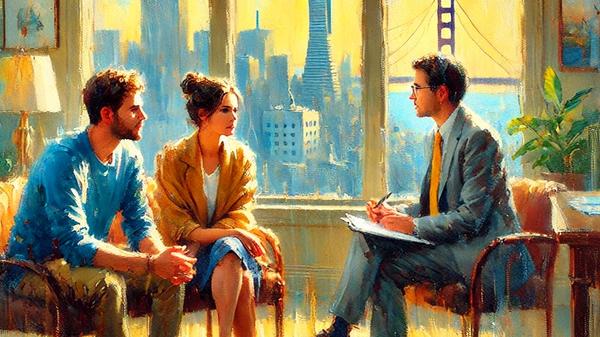 An impressionistic painting of a couple in a therapist's office in SF