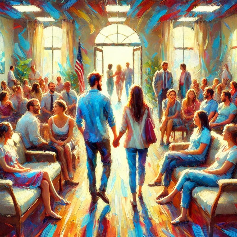 An impressionistic painting of a couple walking in a buzzing non-profit couples therapy clinic