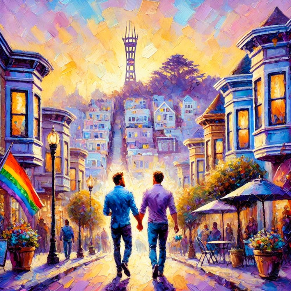 A vivid impressionistic painting of a couple walking in the Castro neighborhood of San Francisco.