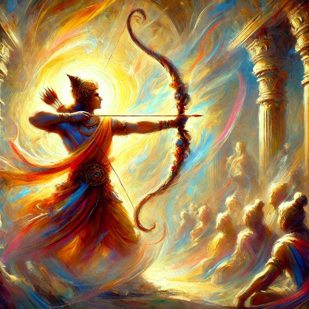 An impressionistic painting of Rama string the sacred bow Pinaka