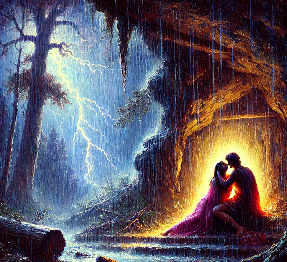 An impressionistic painting of Aeneas and Dido embracing in a cave during a storm while on a hunting trip.