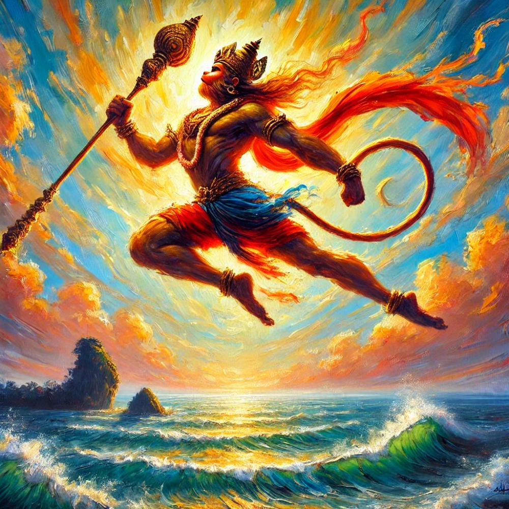 An impressionistic painting of Hanuman leaping to Lanka