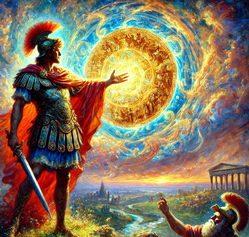 An impressionistic painting of Aeneas receiving a divinely crafted shield, glowing with depictions of future Roman history