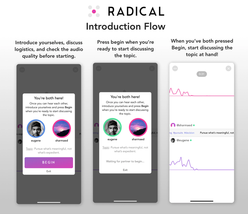 The Radical iOS app conversation introduction flow