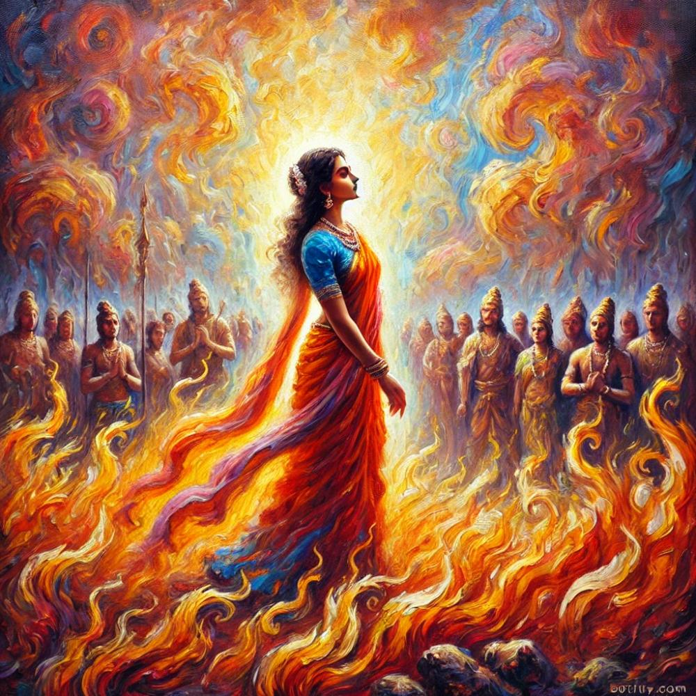 An impressionistic painting of Sita's trial by fire