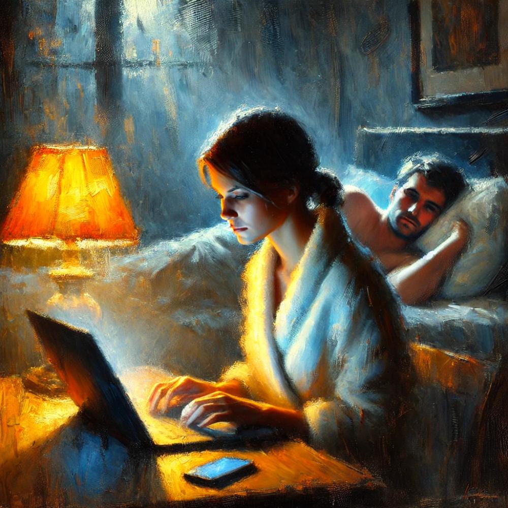 An impressionistic painting of a couple night. The husband is in bed waiting for the wife to finish working on her laptop.