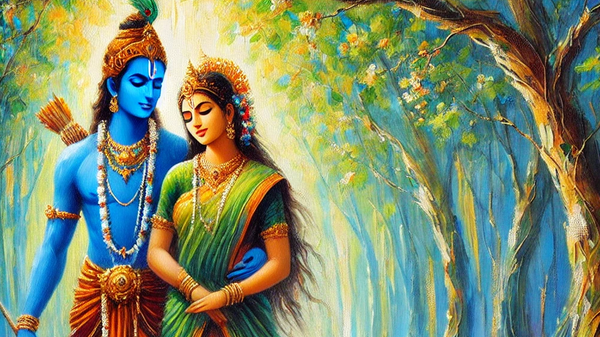 A striking impressionistic painting of Rama and Sita walking together in a forest setting.