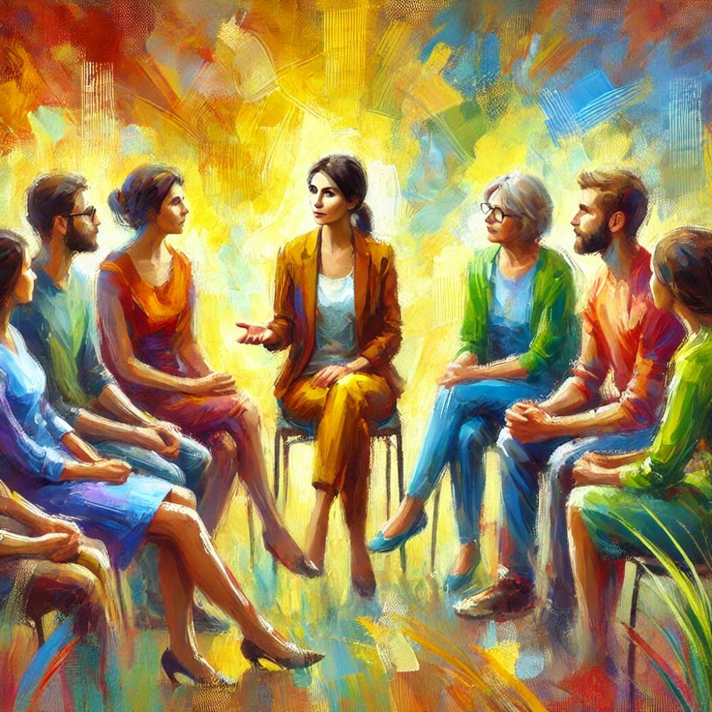 An impressionistic painting of a therapist leading a group couples therapy session