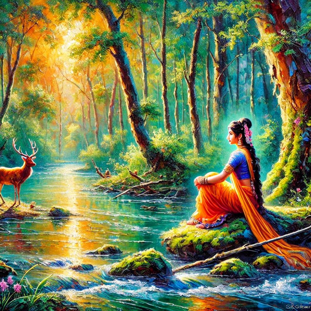 An impressionistic painting of Sita sitting by a river bank gazing upon the golden deer.