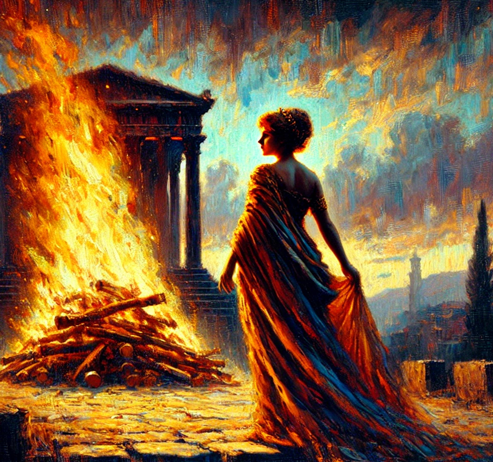 An impressionist painting of Dido approaching her funeral pyre.