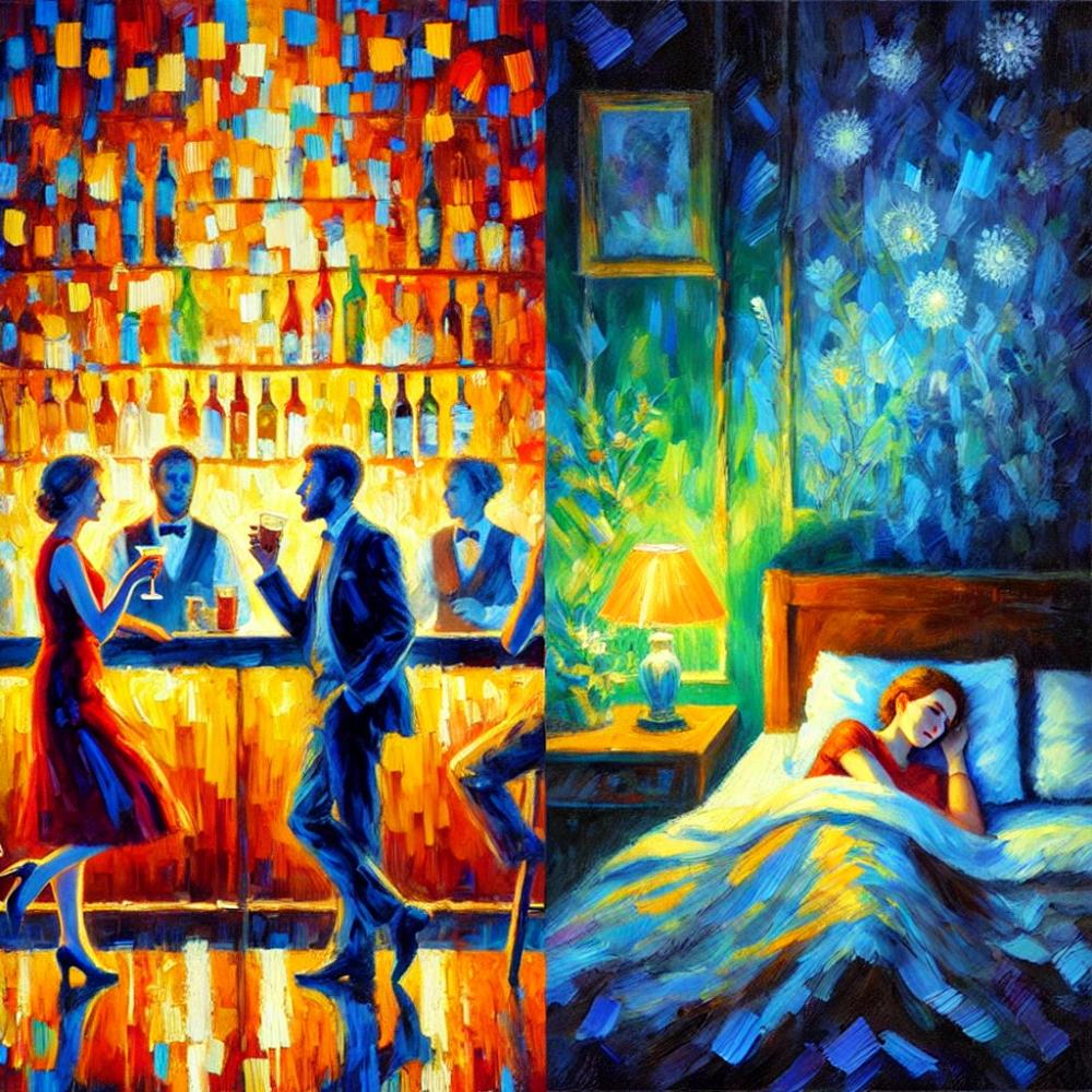 A impressionistic painting of one partner at a bar while the other is alone home at night.